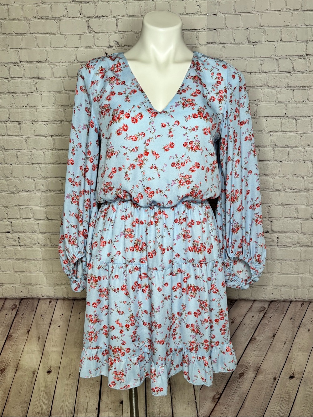 Light Blue Dress with Orange and Pink Roses and Pheasant Style Sleeves Size M